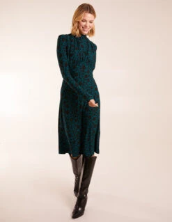 Ruched Front Frill Cuff Midi Dress -Soft Dress Wear Sales Store AW22067 TEAL 0238