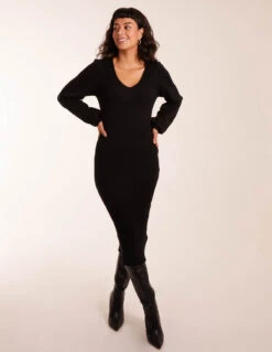 V Neck Bodycon Dress -Soft Dress Wear Sales Store AW23238 BLACK 0106