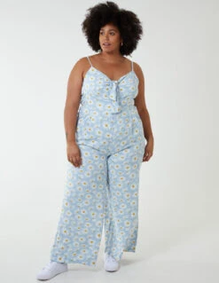 Curve Daisy Print Tie Front Jumpsuit -Soft Dress Wear Sales Store BC233730 BLUE 21