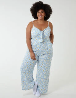 Curve Daisy Print Tie Front Jumpsuit