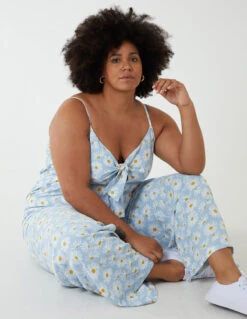 Curve Daisy Print Tie Front Jumpsuit -Soft Dress Wear Sales Store BC233730 BLUE 25