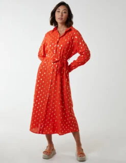 Foil Print Midi Shirt Dress -Soft Dress Wear Sales Store BV2149 CORAL 3233 1