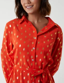 Foil Print Midi Shirt Dress -Soft Dress Wear Sales Store BV2149 CORAL 3245