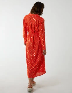 Foil Print Midi Shirt Dress -Soft Dress Wear Sales Store BV2149 CORAL 3256