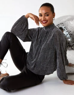 Puffball High Neck Top -Soft Dress Wear Sales Store BV222413 SILVER 2