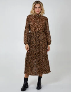 Animal Print High Neck Blouson Pleated Dress -Soft Dress Wear Sales Store BV222871 LIGHTBROWN 56