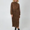 Animal Print High Neck Blouson Pleated Dress