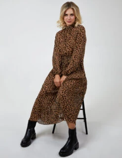 Animal Print High Neck Blouson Pleated Dress -Soft Dress Wear Sales Store BV222871 LIGHTBROWN 60