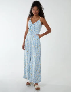 Daisy Print Tie Front Jumpsuit -Soft Dress Wear Sales Store BV2316 BLUE 38