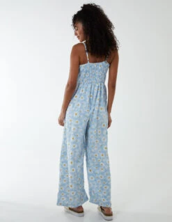 Daisy Print Tie Front Jumpsuit -Soft Dress Wear Sales Store BV2316 BLUE 41