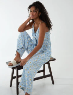 Daisy Print Tie Front Jumpsuit -Soft Dress Wear Sales Store BV2316 BLUE 42