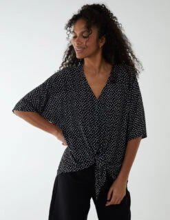 Tie Front Oversized Top -Soft Dress Wear Sales Store BV233401 BLACK 84