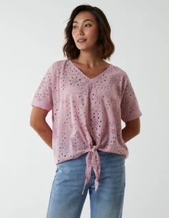 Broderie Batwing Knot Front Top