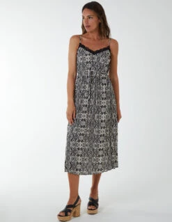 Pleated Midi Slip Dress With Lace Trim -Soft Dress Wear Sales Store BV233890 BLACK 0288