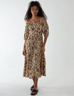 Bardot Midi Dress With Pleated Hem