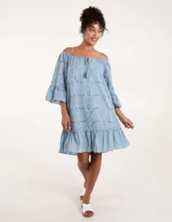 Broderie Tunic Smock Dress -Soft Dress Wear Sales Store BV233960 LIGHTBLUE 1