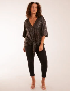 Leopard V Neck Tie Front Top -Soft Dress Wear Sales Store BV234406 GOLD 20257