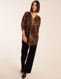 Zip Front Leopard Diamante Tunic Top -Soft Dress Wear Sales Store BV234407058 112066