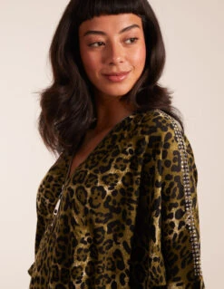 Leopard Zip Front Diamante Tunic Top -Soft Dress Wear Sales Store BV234408056 112069