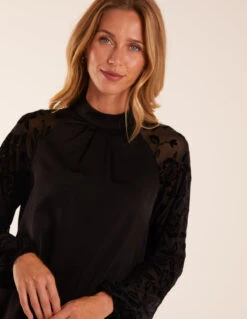 High Neck Flocked Sleeve Top -Soft Dress Wear Sales Store BV234413 BLACK 46288