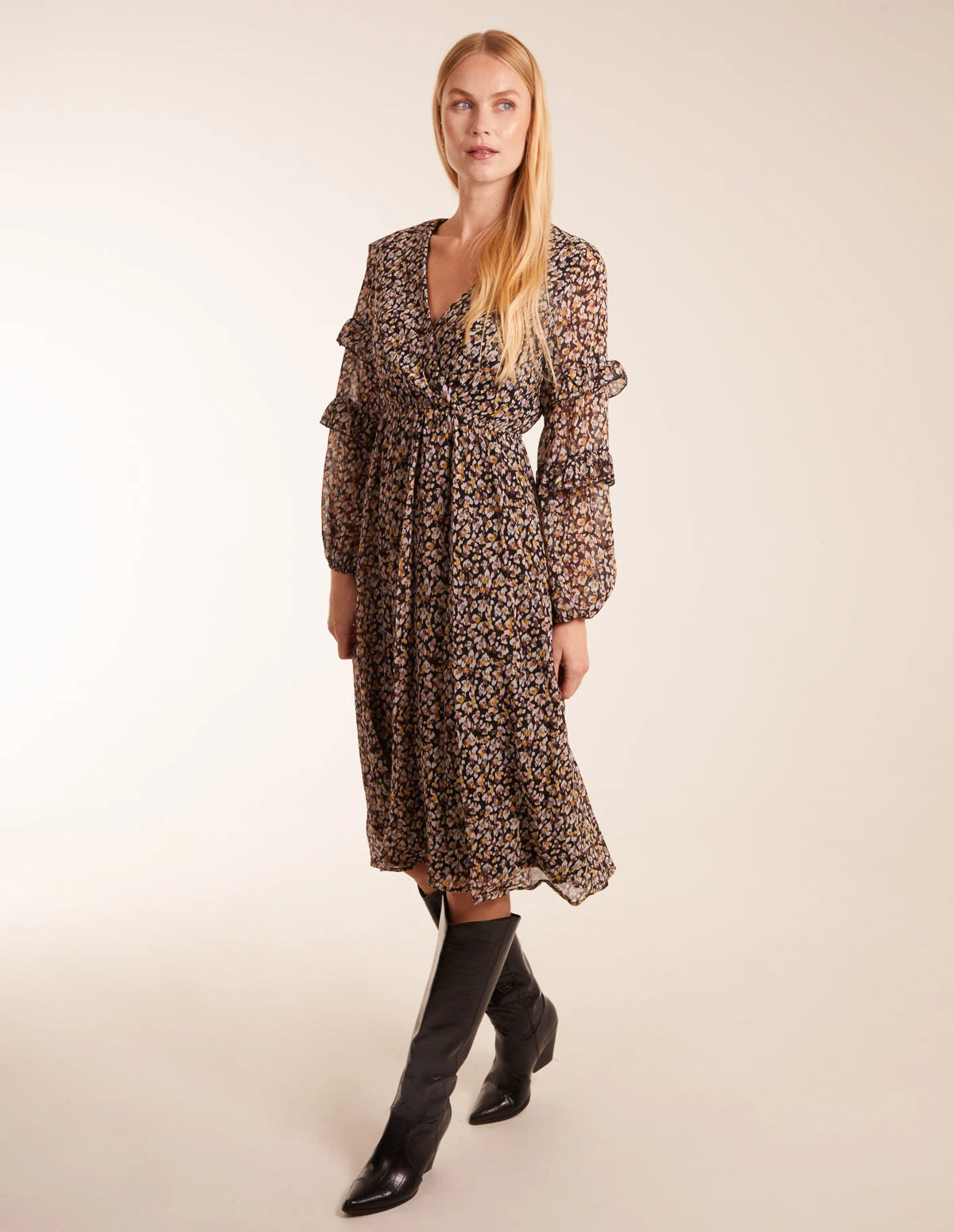 V Neck Frill Sleeve Wrap Midi Dress 1 V Neck Frill Sleeve Wrap Midi Dress