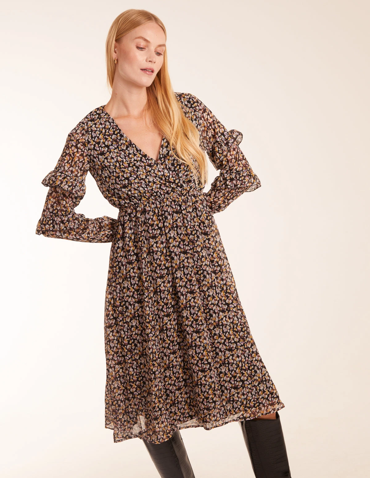 V Neck Frill Sleeve Wrap Midi Dress 2 V Neck Frill Sleeve Wrap Midi Dress - Image 2