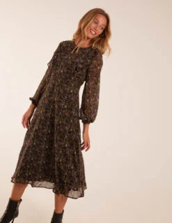 Frill Top Detail Midi Dress -Soft Dress Wear Sales Store BV234830 BLACK 45361