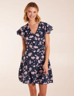 Floral Frill Sleeve Mini Dress 6 Floral Frill Sleeve Mini Dress -Soft Dress Wear Sales Store BV245025 NAVY 1014
