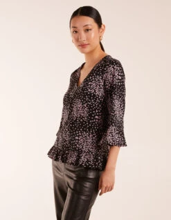 Button Front V Neck Flounce Blouse -Soft Dress Wear Sales Store BV245029003 127635