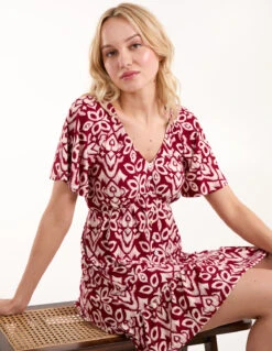 Button Through Elastic Waist Mini Dress