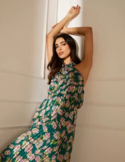 Wrap Halter Neck Pleated Midi Dress