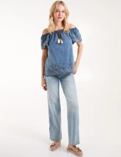 Denim Embroidered Bardot Top -Soft Dress Wear Sales Store BV245402 LIGHTDENIM178