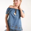 Denim Embroidered Bardot Top
