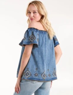 Denim Embroidered Bardot Top -Soft Dress Wear Sales Store BV245402 LIGHTDENIM182