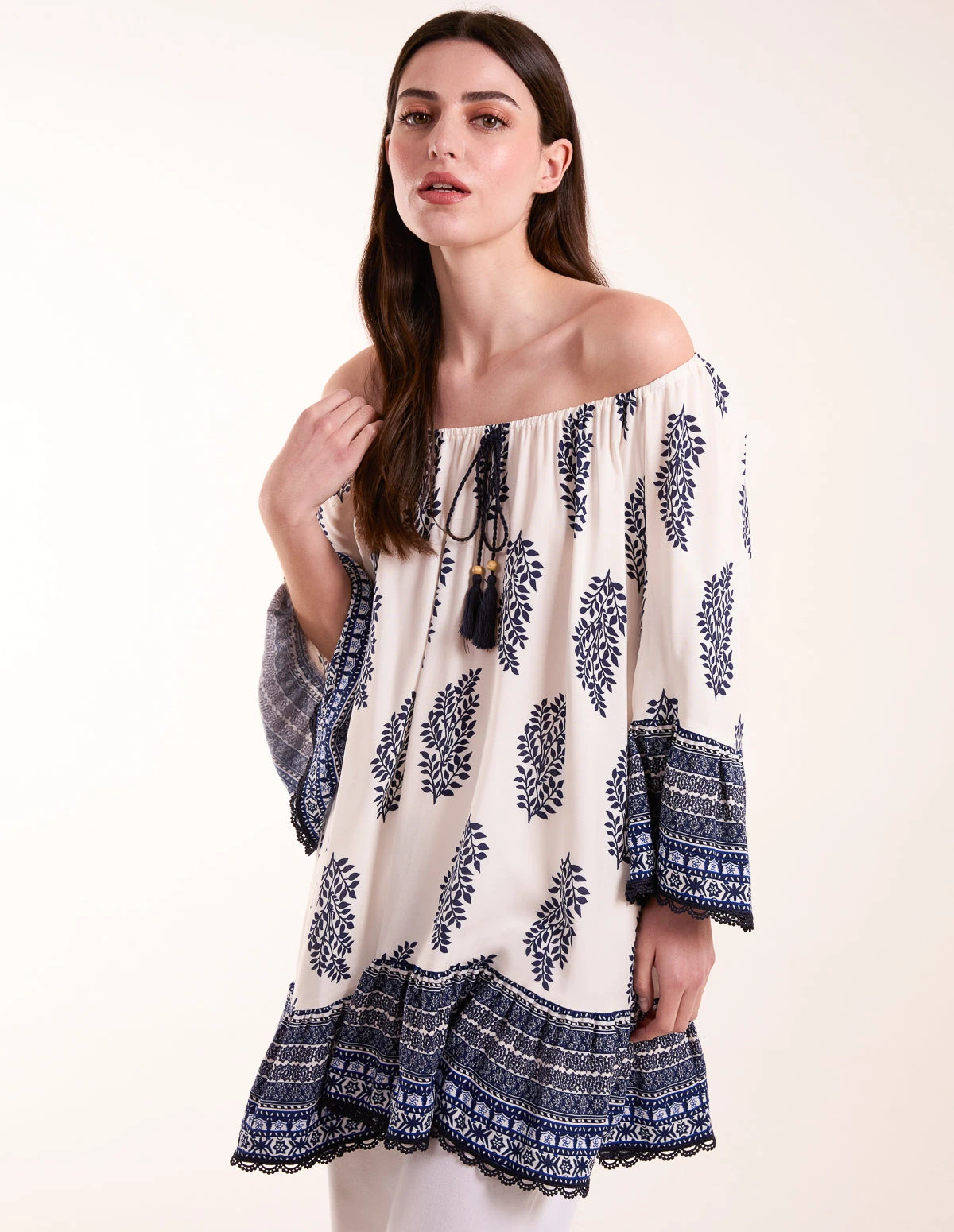 Mix Print Bardot With Tassel Dress 2 Mix Print Bardot With Tassel Dress - Image 2