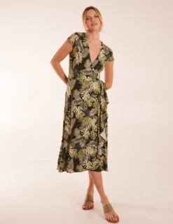 Tropical Print Wrap Front Midi Dress -Soft Dress Wear Sales Store BV245817003 128715