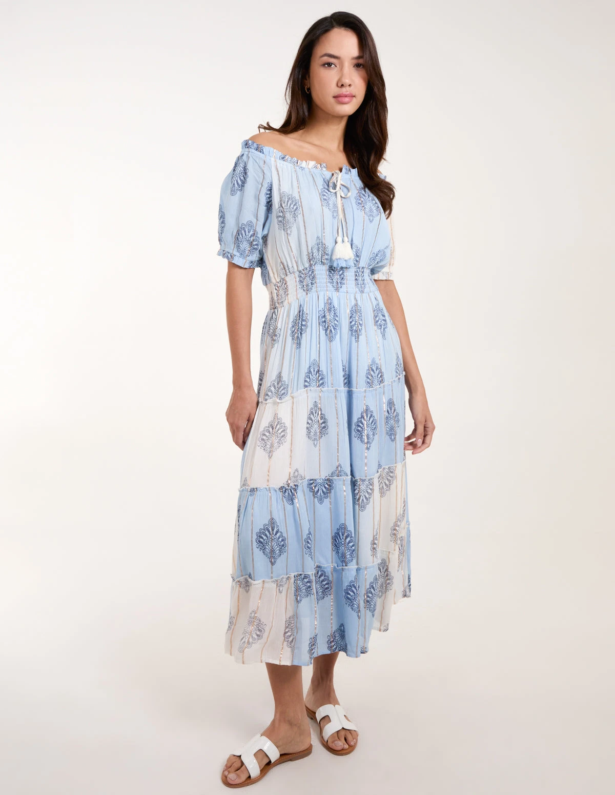 Printed Bardot Tassel Midi Dress 1 Printed Bardot Tassel Midi Dress