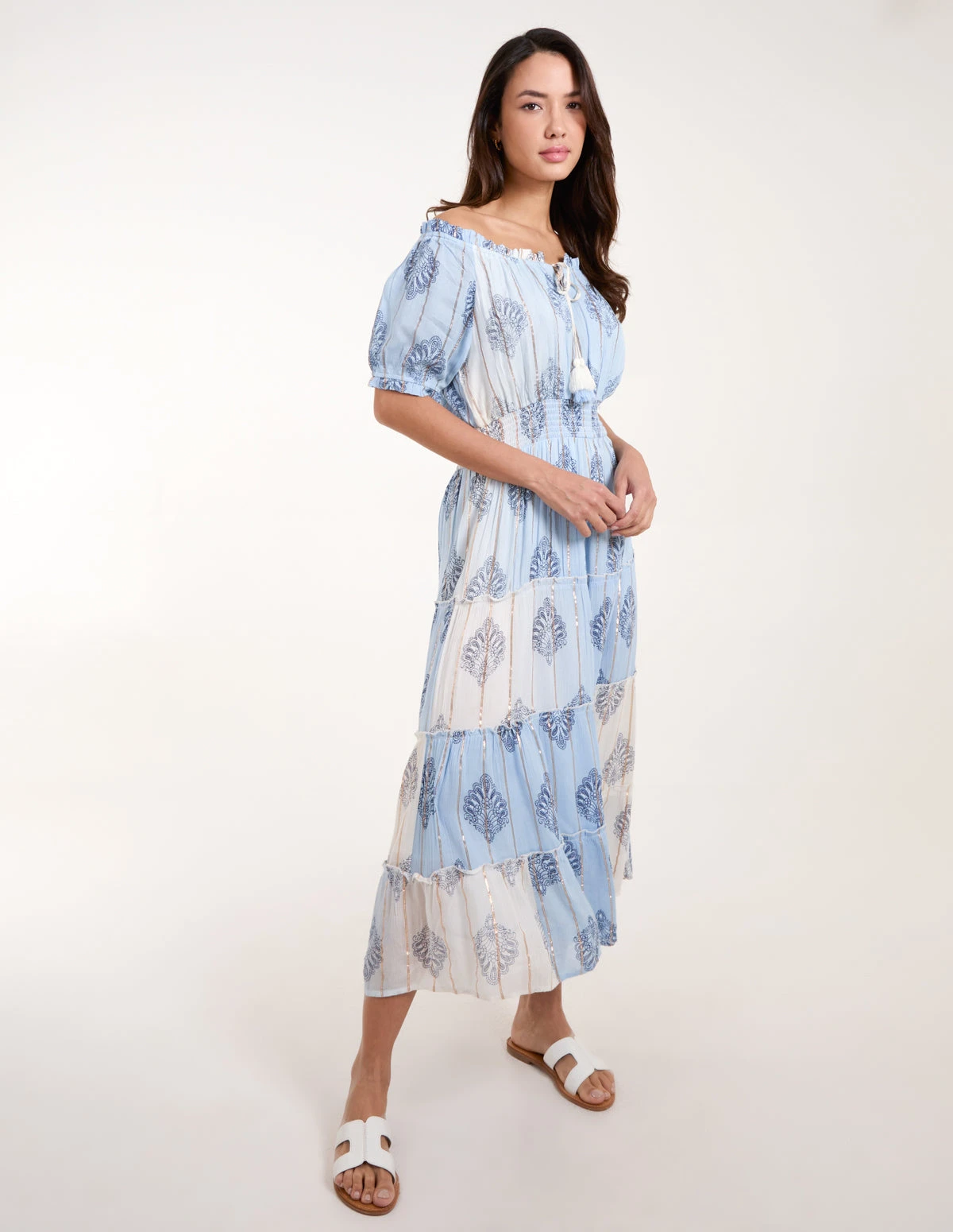 Printed Bardot Tassel Midi Dress 3 Printed Bardot Tassel Midi Dress - Image 3