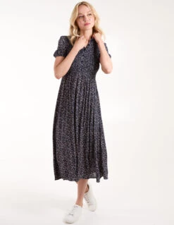 Puff Sleeve Shirred Midi Shirt Dress -Soft Dress Wear Sales Store BV245892 NAVY108