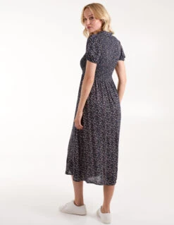 Puff Sleeve Shirred Midi Shirt Dress -Soft Dress Wear Sales Store BV245892 NAVY111