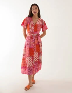 Patchwork Button Through Belted Midi Dress