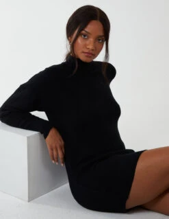 Diamond Print Detail Jumper Dress -Soft Dress Wear Sales Store BV2463 BLACK 155