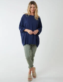 Double Twist Oversize Turn Back Sleeve Top -Soft Dress Wear Sales Store BV2549 NAVY 5381