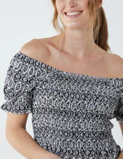 Puff Sleeve Bardot Shirred Dress -Soft Dress Wear Sales Store BV2640 WHITE 8951