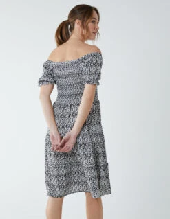 Puff Sleeve Bardot Shirred Dress -Soft Dress Wear Sales Store BV2640 WHITE 8966