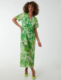 Pleated Wrap Tropical Jumpsuit -Soft Dress Wear Sales Store BV2675 LIME 2447