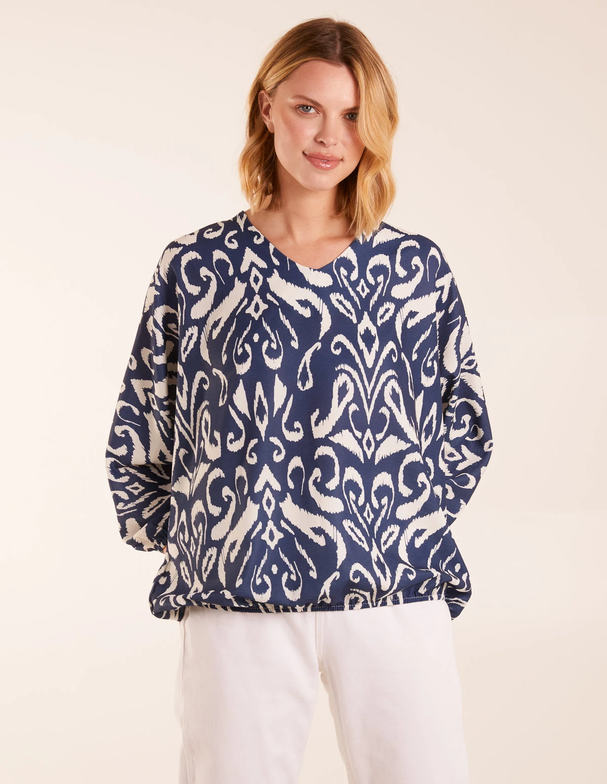 V Neck Printed Batwing Elasticated Hem Top 1 V Neck Printed Batwing Elasticated Hem Top