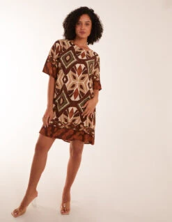 Tribal Print Short Sleeve Dress -Soft Dress Wear Sales Store BV3054 RUST 12703