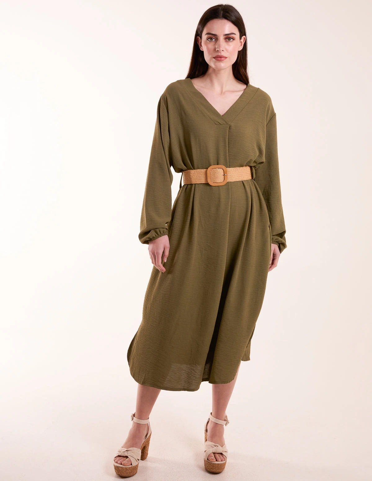 V Neck Long Sleeve Dress With Belt 3 V Neck Long Sleeve Dress With Belt - Image 3