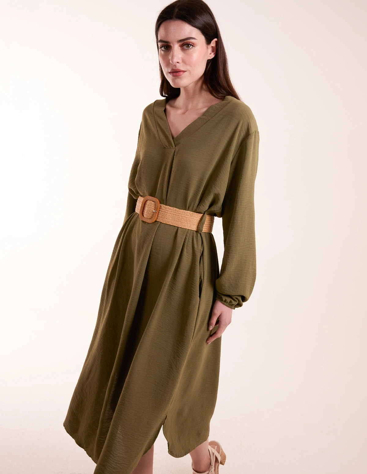 V Neck Long Sleeve Dress With Belt 1 V Neck Long Sleeve Dress With Belt